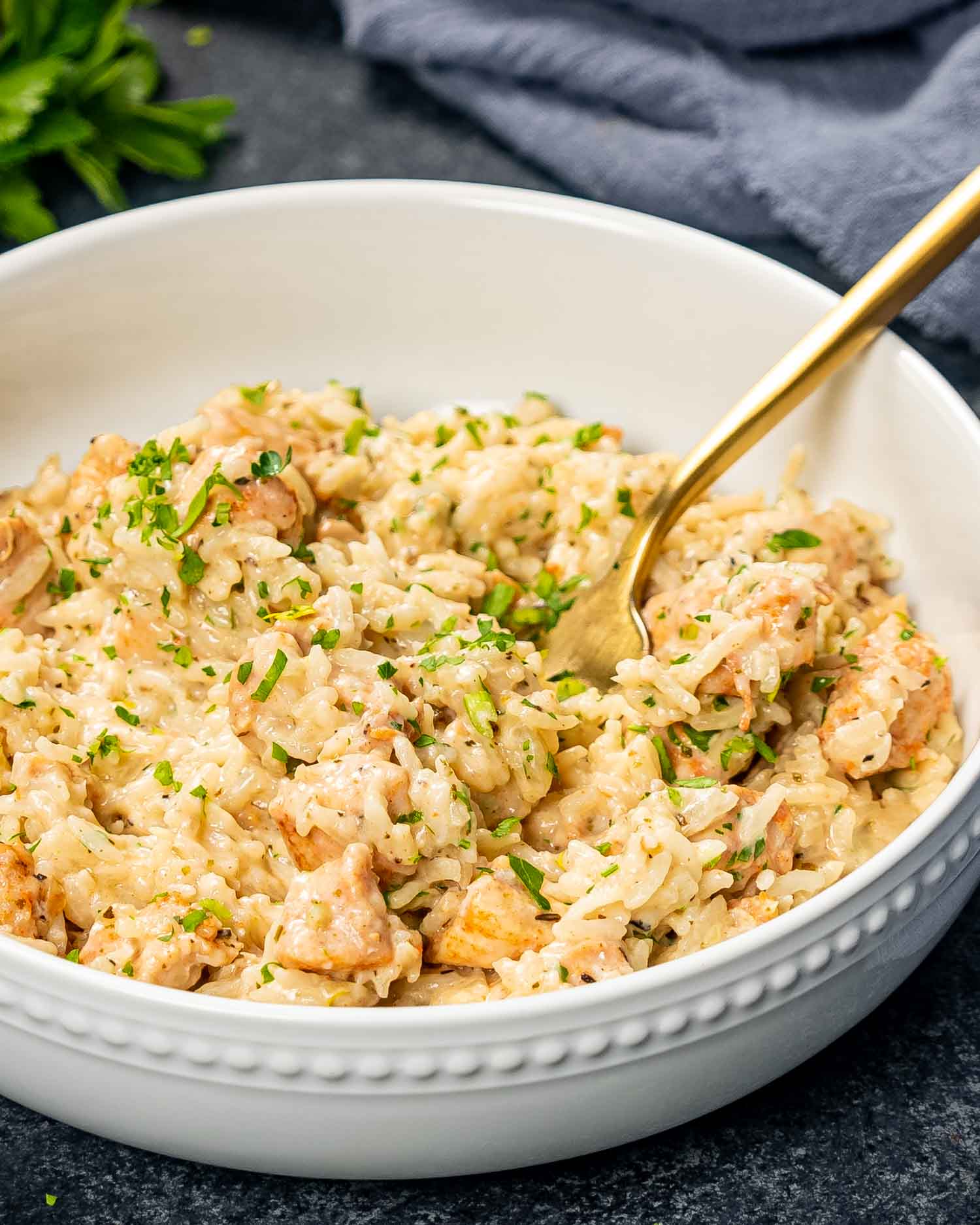 a serving of creamy chicken and rice in a white bowl.
