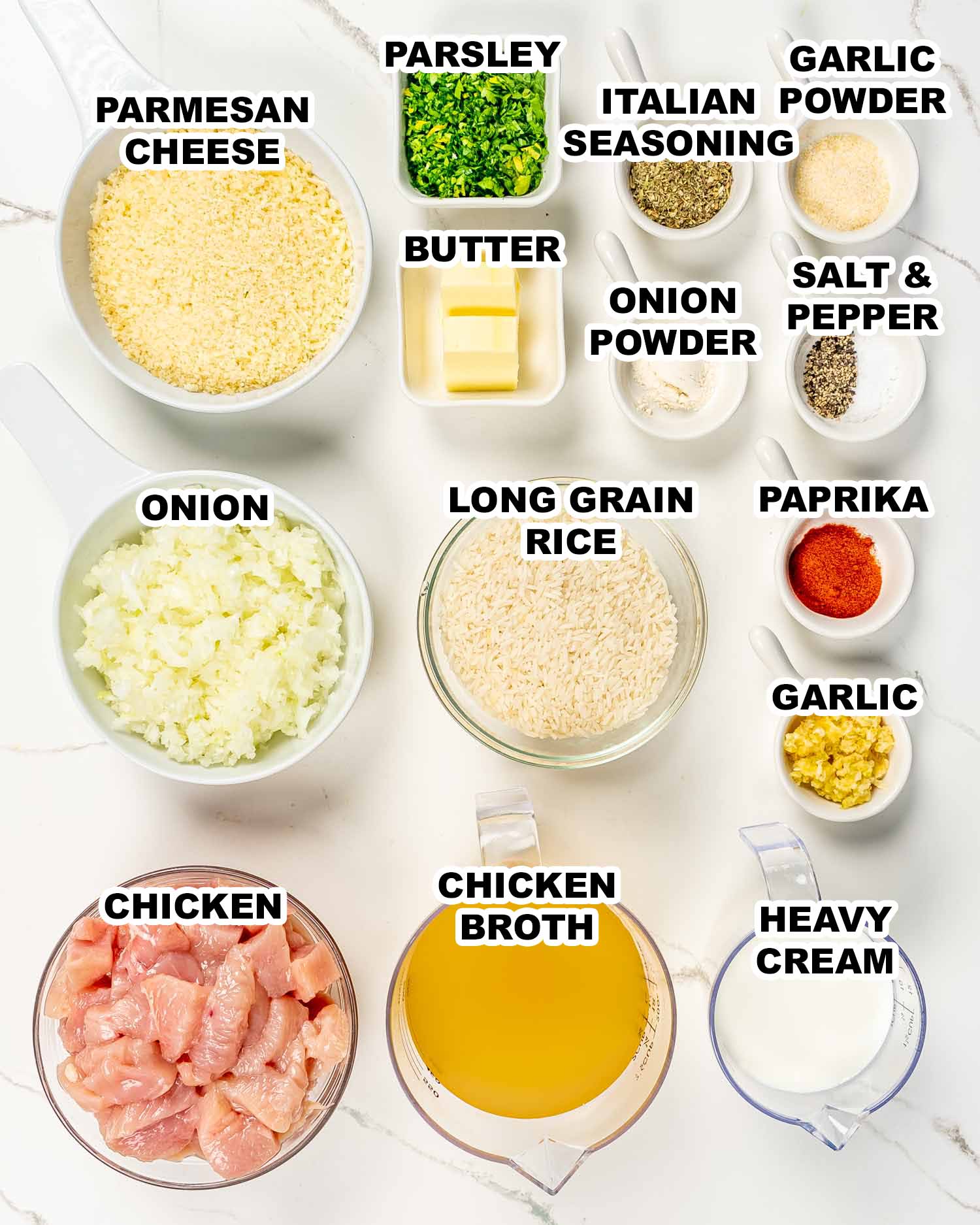 ingredients needed to make creamy chicken and rice.
