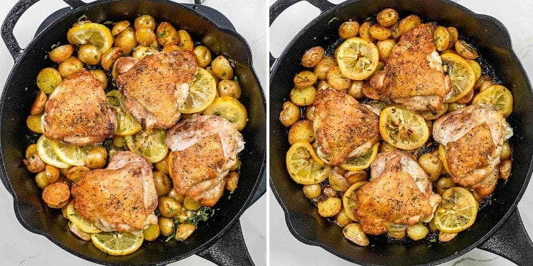 process shots showing how to make lemon herb chicken and potato skillet.