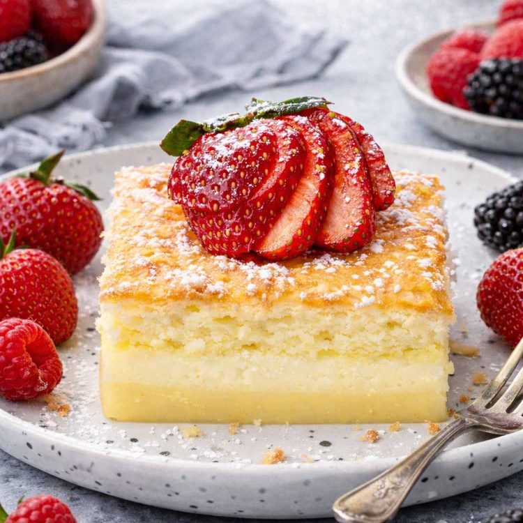 magic cake on a plate garnished with powdered sugar and a strawberry.