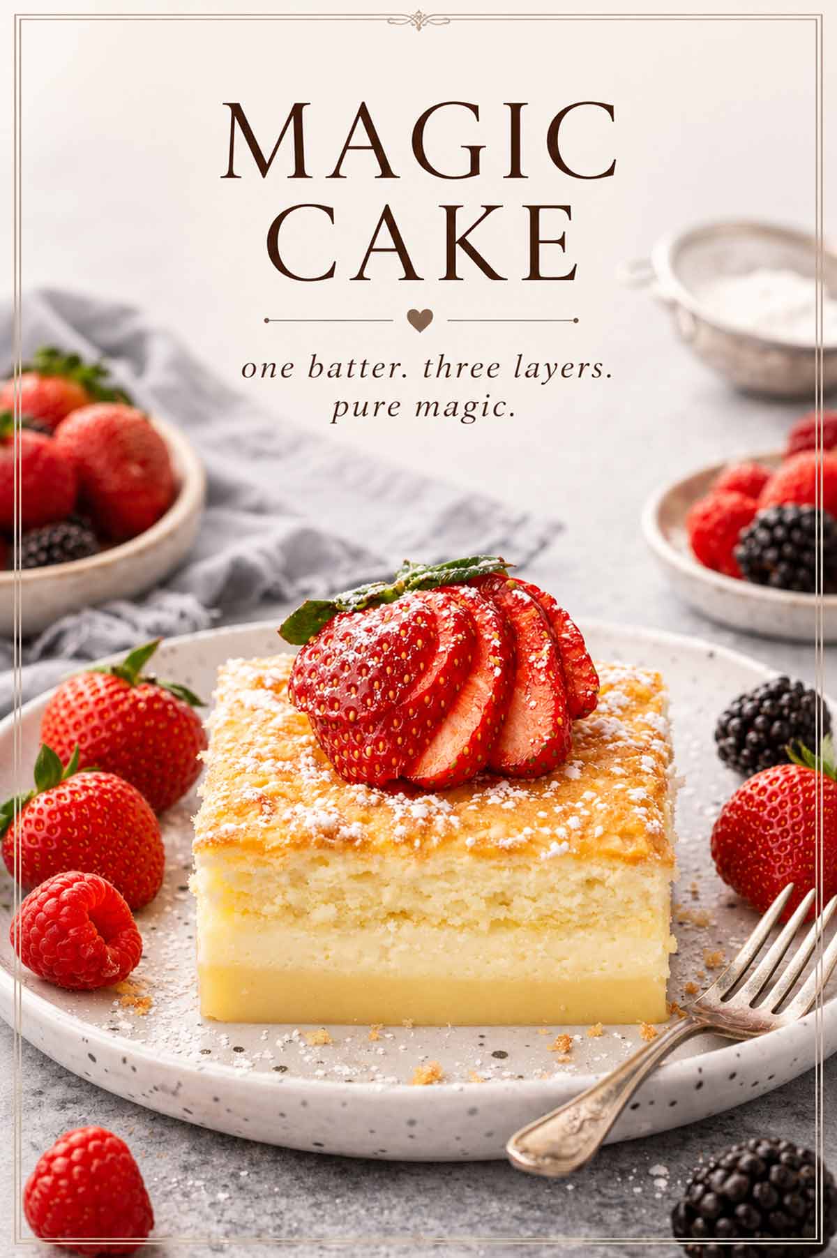 magic cake on a plate garnished with powdered sugar and a strawberry.