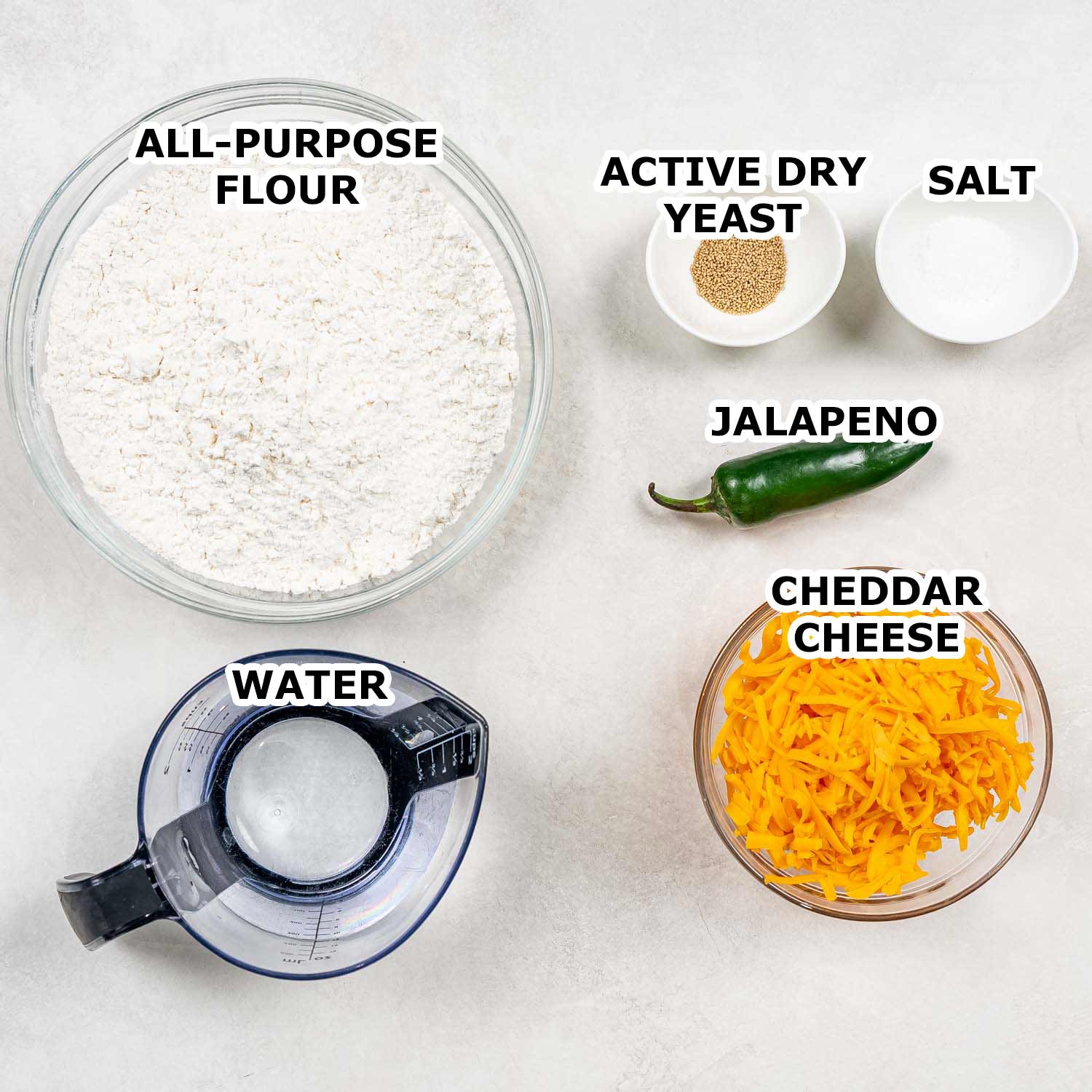 ingredients needed to make no knead jalapeno cheddar bread.