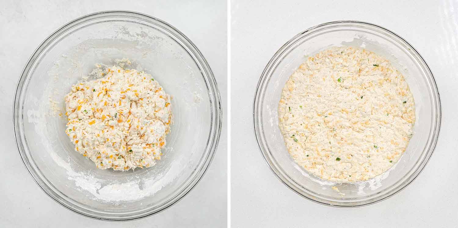 process shots showing how to make no knead jalapeno cheddar bread.