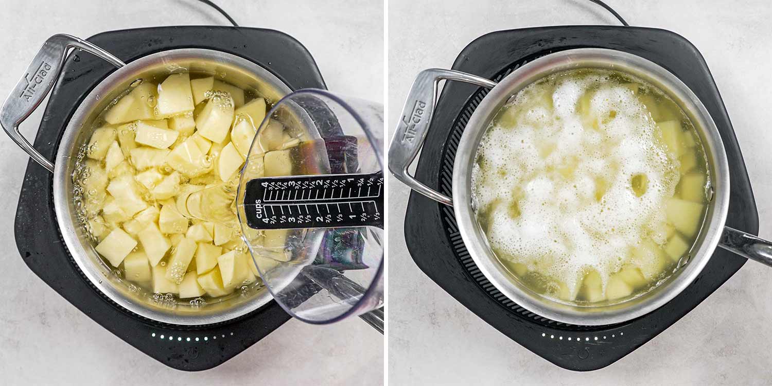 process shots showing how to make patatas bravas.