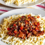 a plate full of creamy noodles and a balsamic pork scallopini.