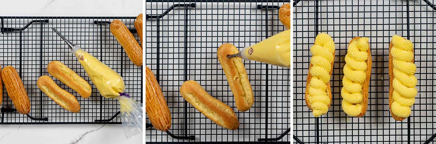 process shots showing how to make eclairs.