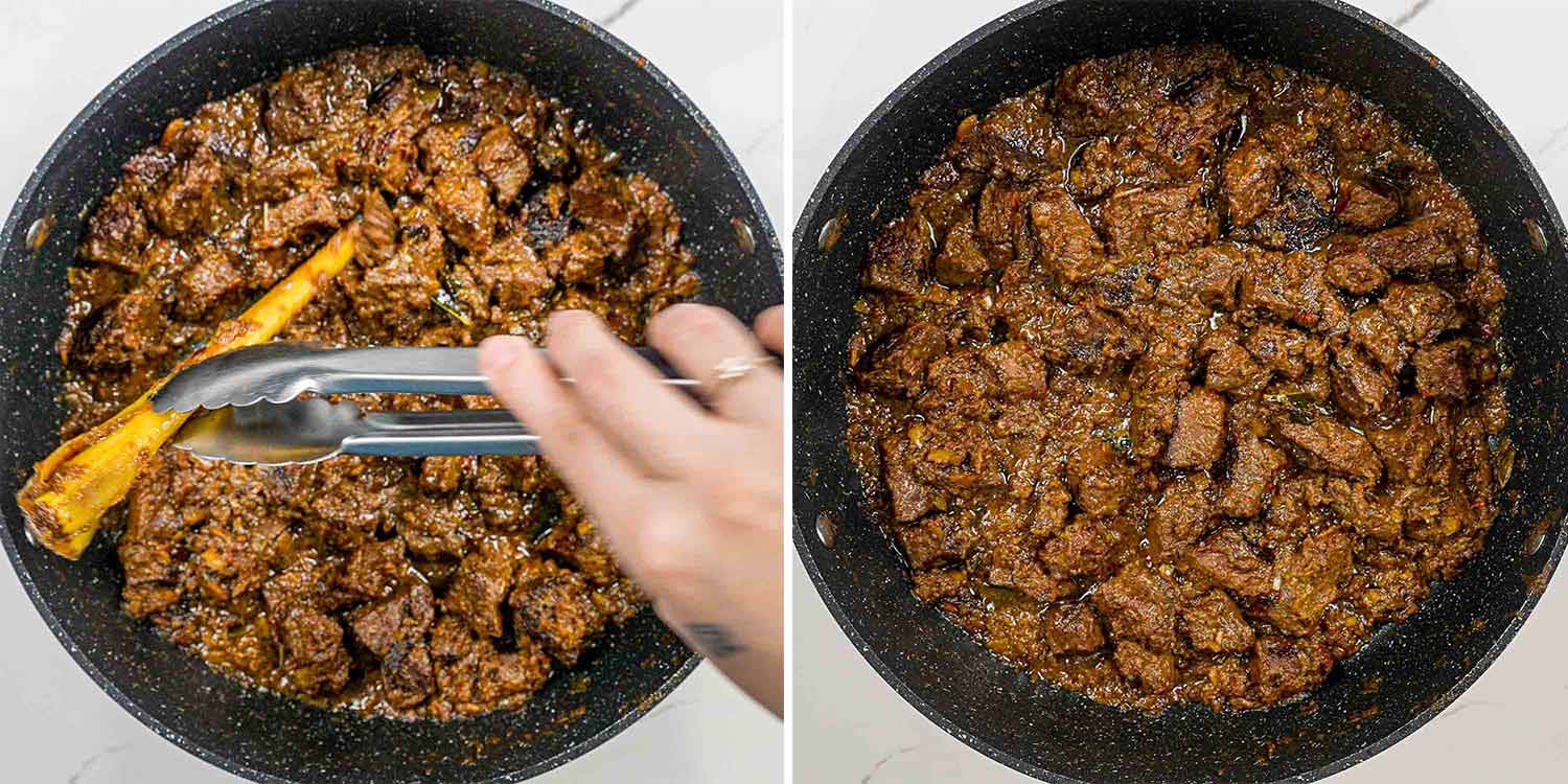 process shots showing how to make beef rendang.