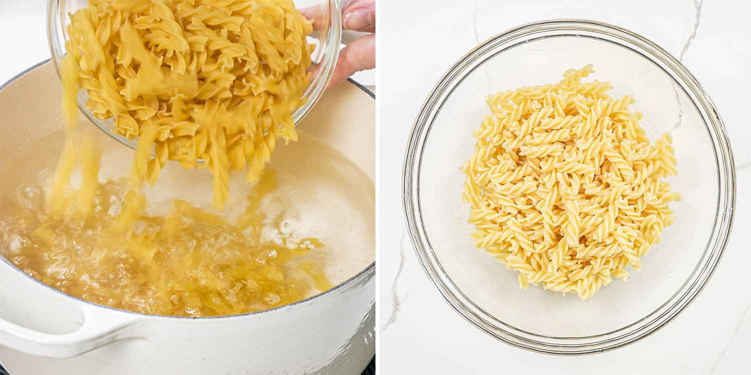 process shots showing how to make blt pasta salad.