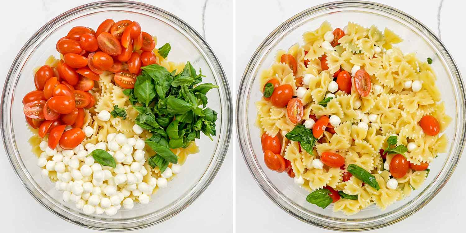 process shots showing how to make caprese pasta salad.