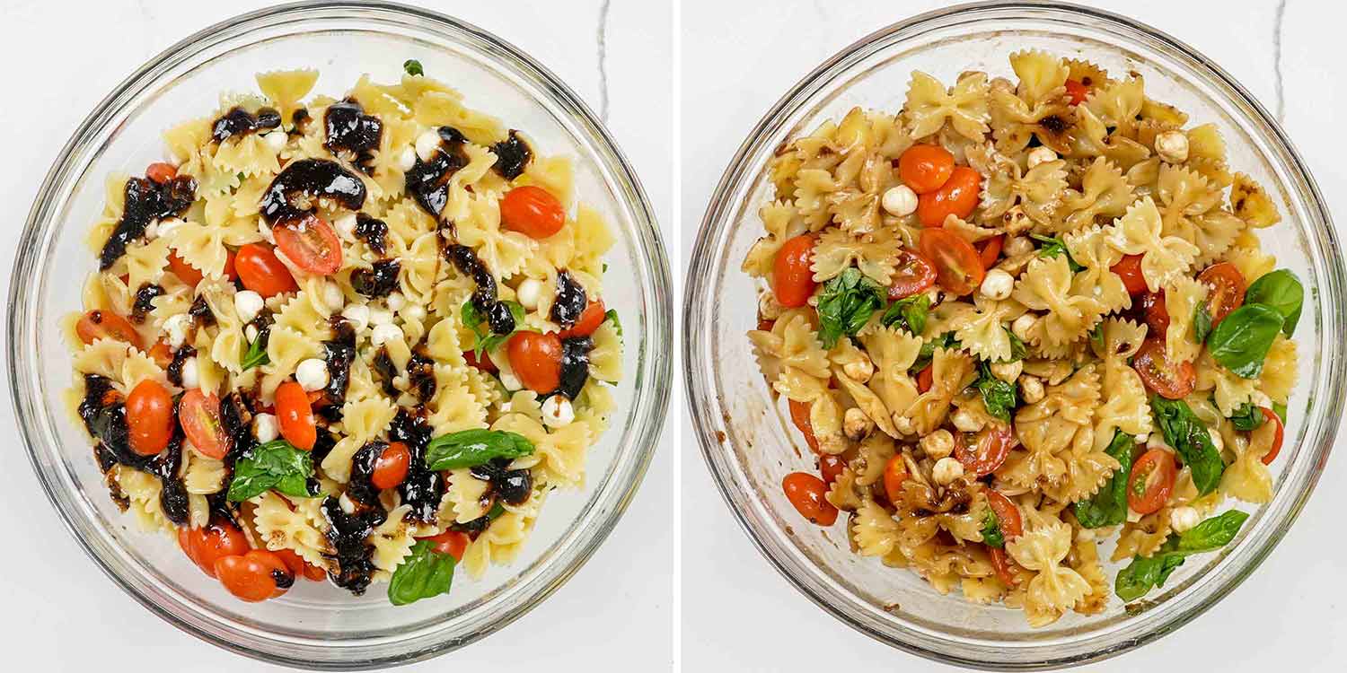 process shots showing how to make caprese pasta salad.