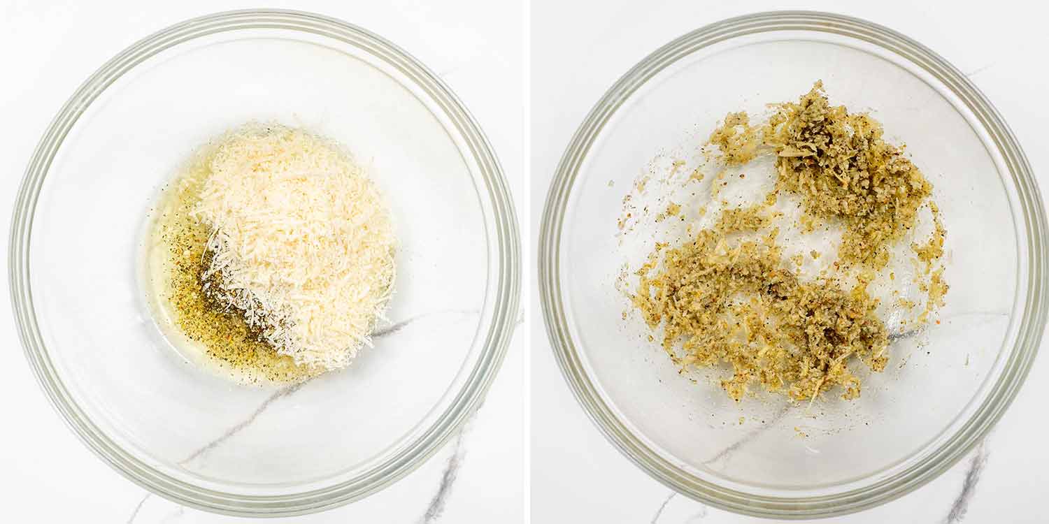 process shots showing how to make crispy parmesan potatoes.