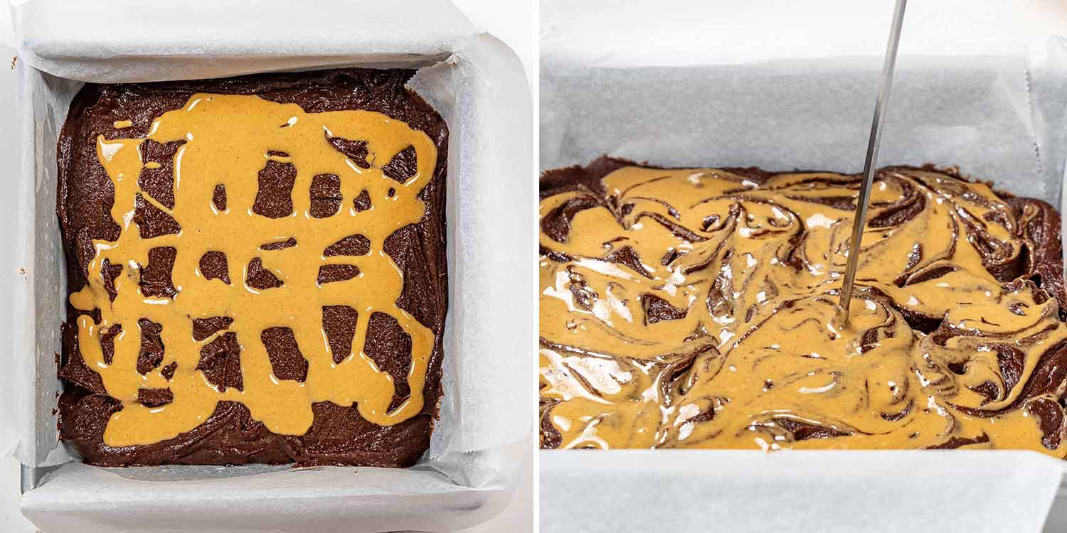 process shots showing how to make peanut butter brownies.