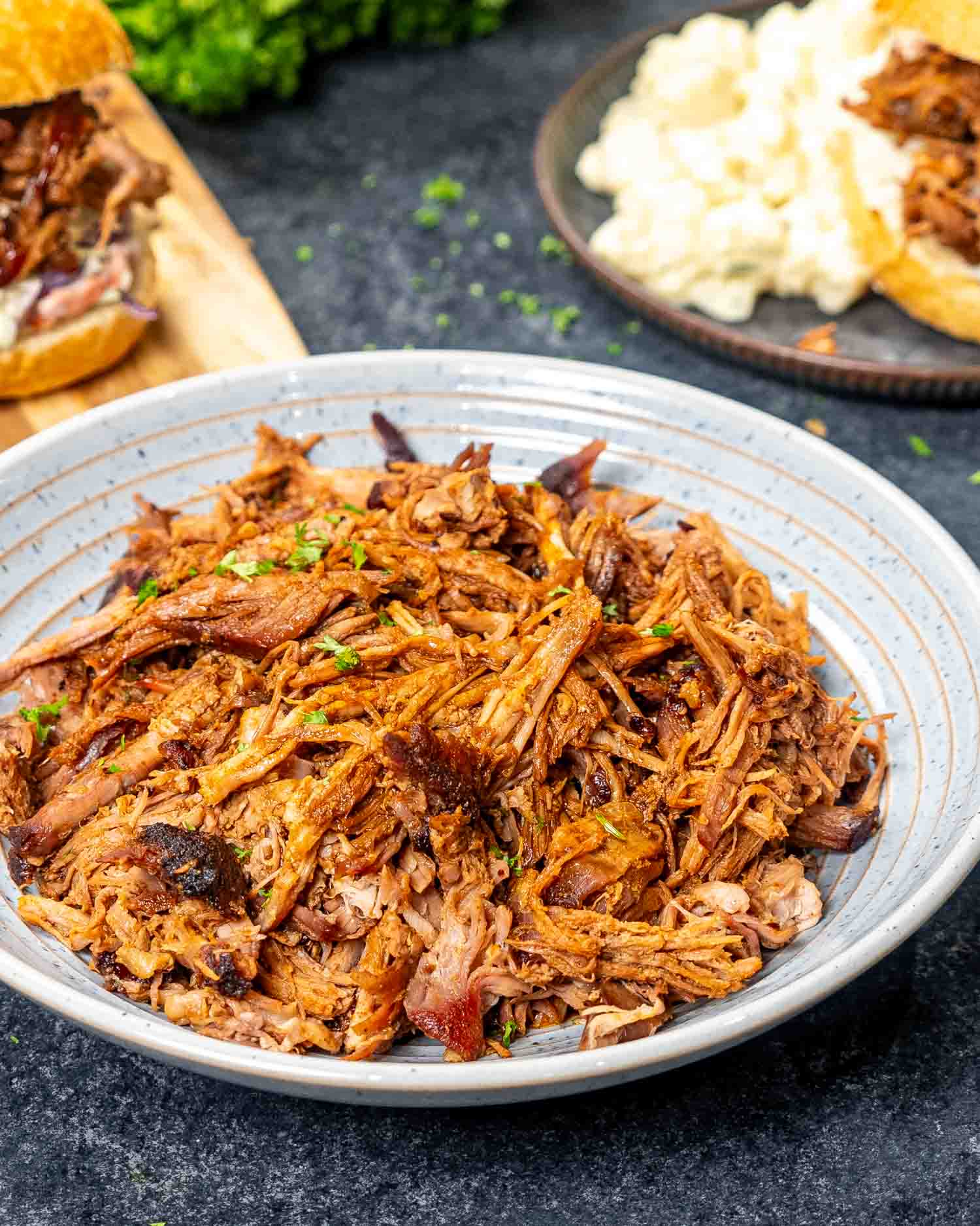 freshly made pulled pork in a bowl.