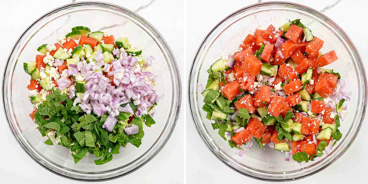 process shots showing how to make watermelon salad.