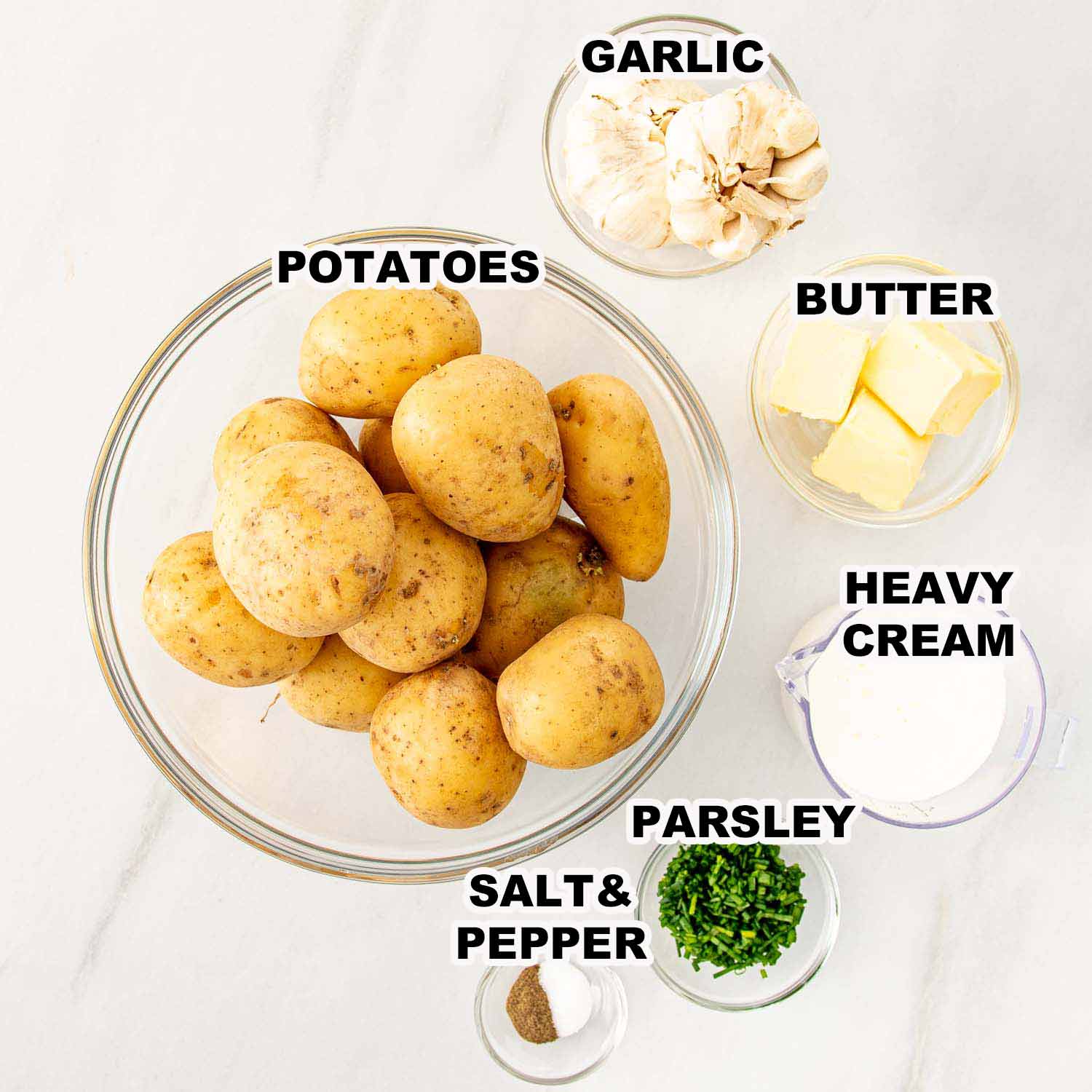 ingredients needed to make garlic mashed potatoes.
