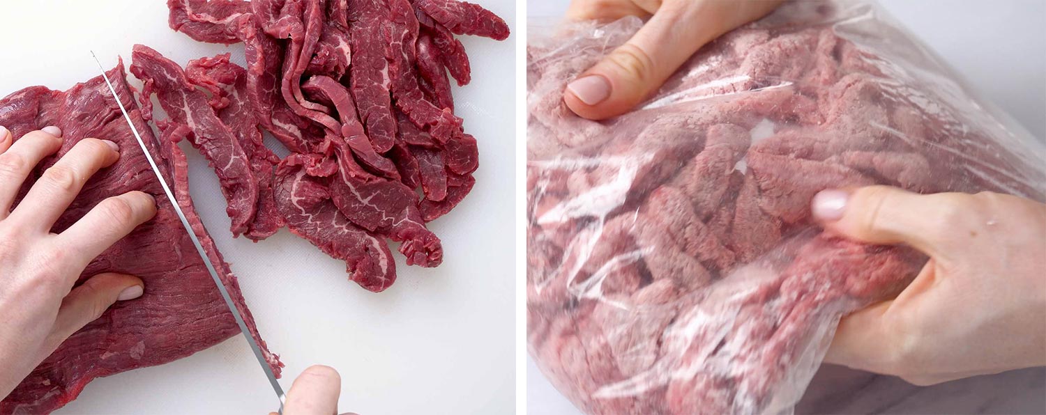 process shots showing how to make mongolian beef ramen.