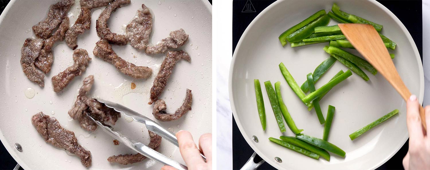 process shots showing how to make mongolian beef ramen.