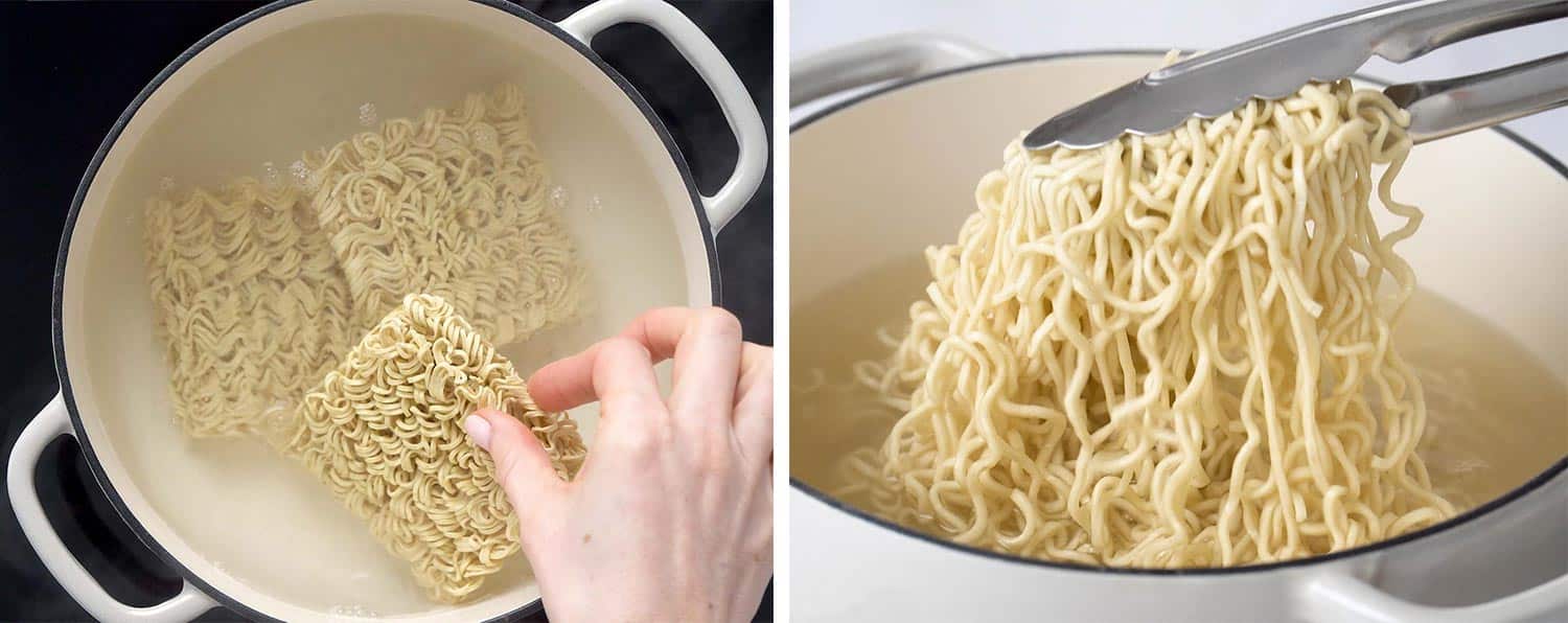 process shots showing how to make mongolian beef ramen.
