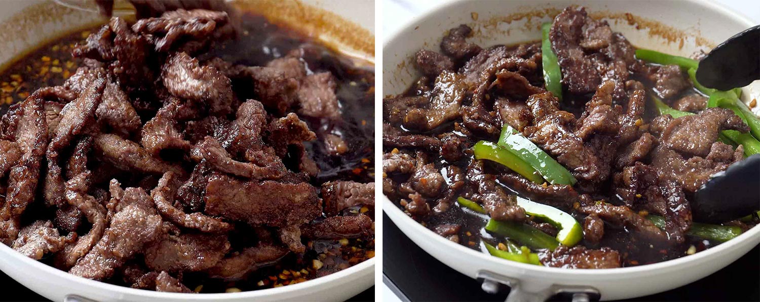 process shots showing how to make mongolian beef ramen.