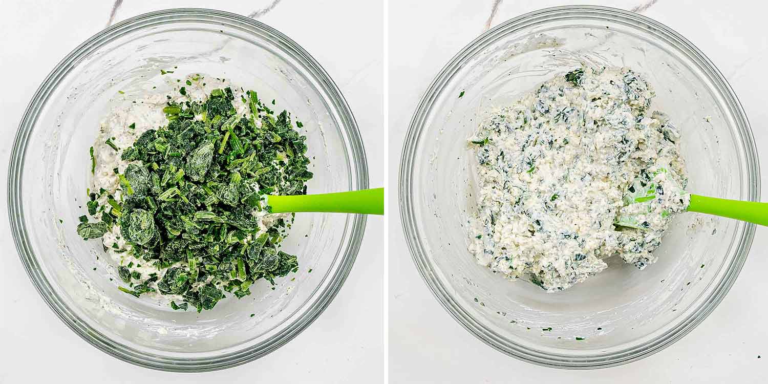process shots showing how to make baked feta spinach dip.