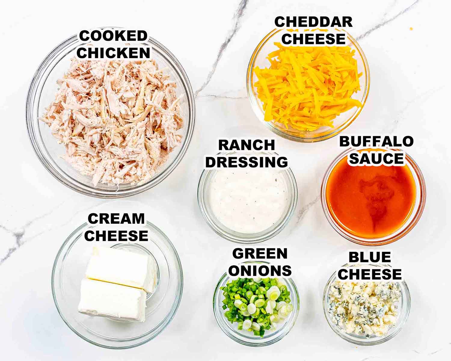 ingredients needed to make buffalo chicken dip.