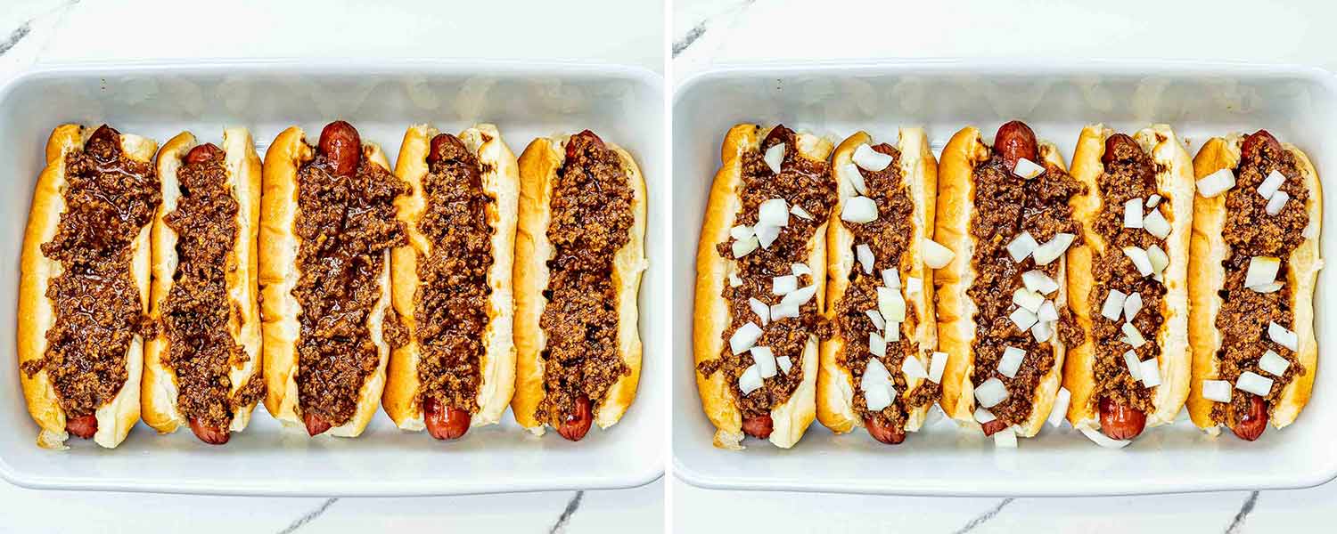 process shots showing how to make chili dogs.