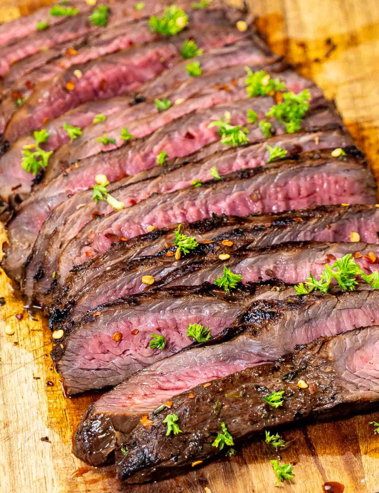 london broil all sliced up on a cutting board.