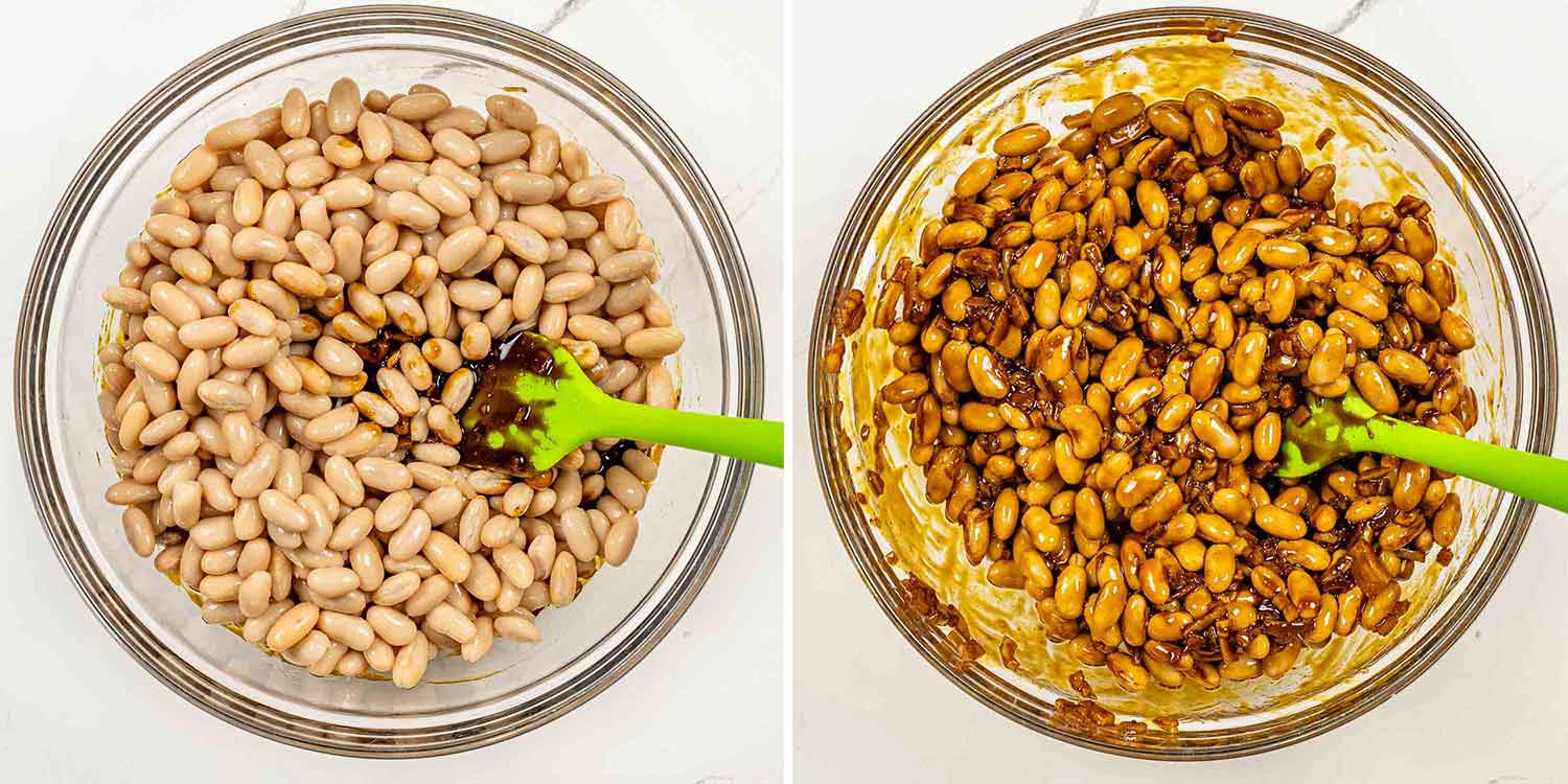 process shots showing how to make baked beans.