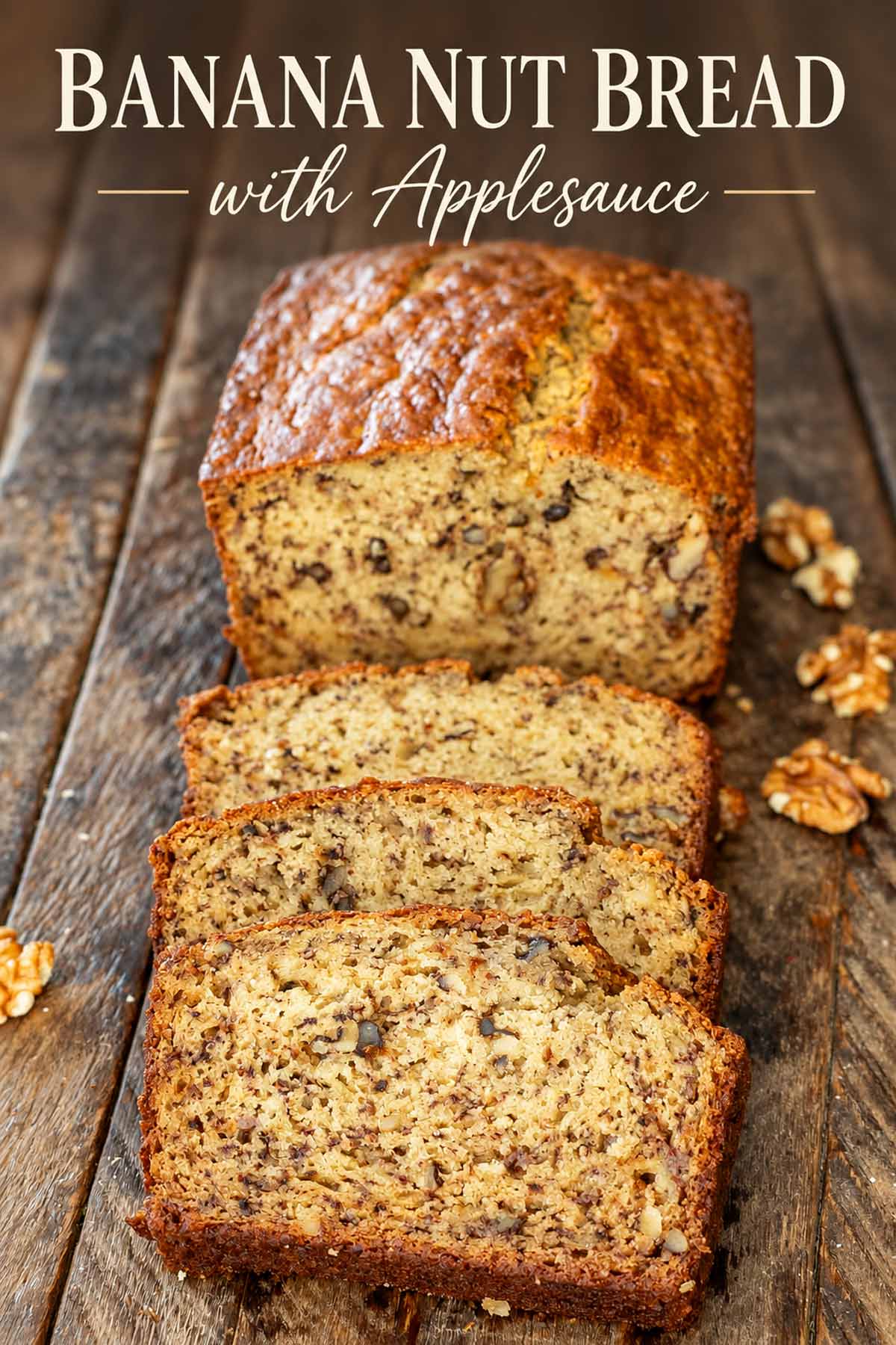 Sliced banana nut bread with applesauce and walnuts on rustic wood, topped with an elegant recipe title.