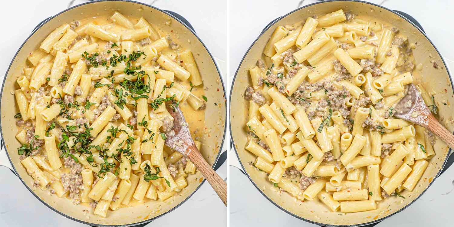 process shots showing how to make creamy italian sausage pasta.