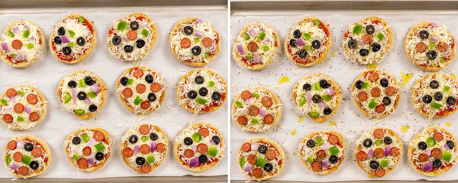 process shots showing how to make english muffin pizza.