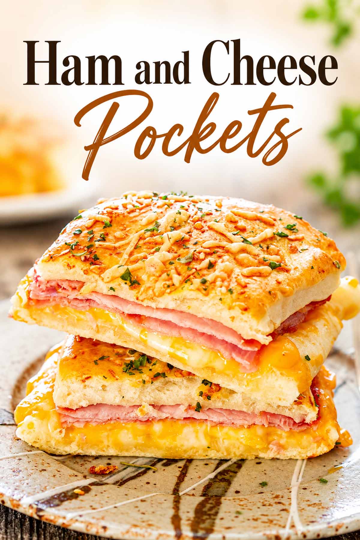 Stacked ham and cheese pockets with golden herb-topped crust and melted cheese beneath an elegant recipe title.