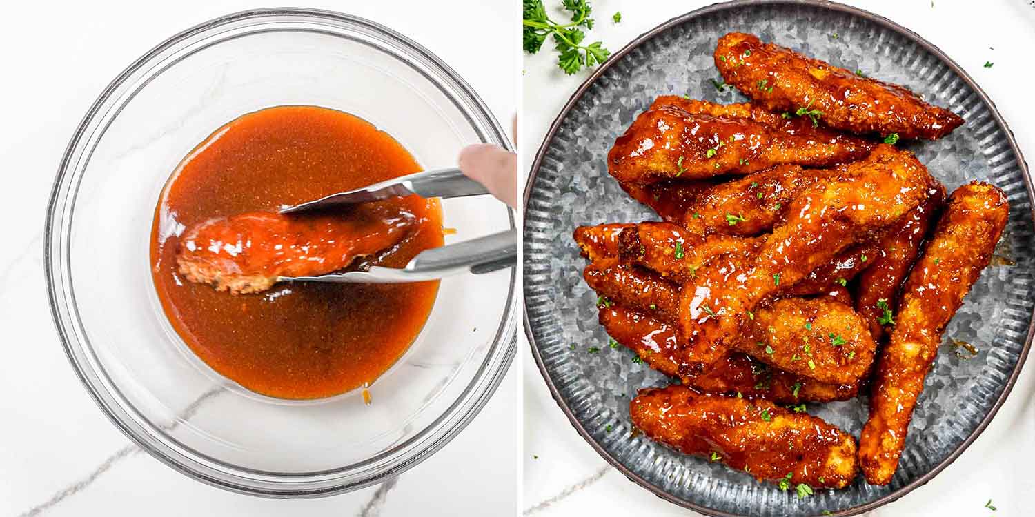 process shots showing how to make honey bbq chicken tenders.