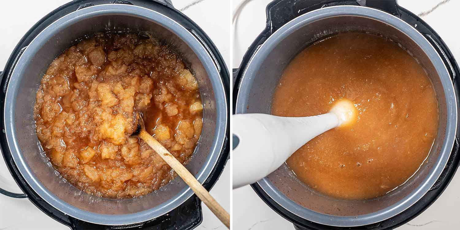process shots showing how to make applesauce in the instant pot.