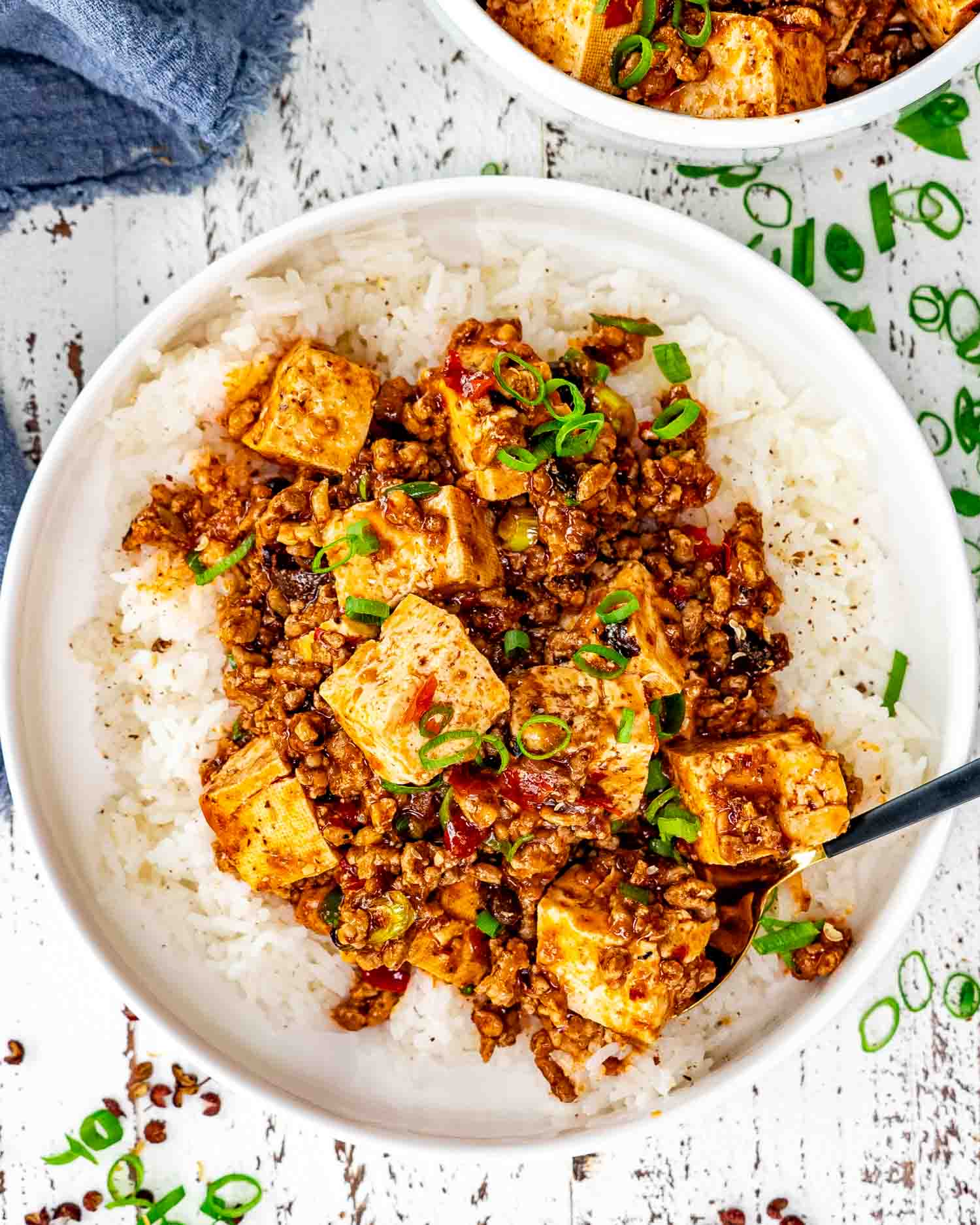 mapo tofu in a white bowl over a bed of rice garnished with green onions.