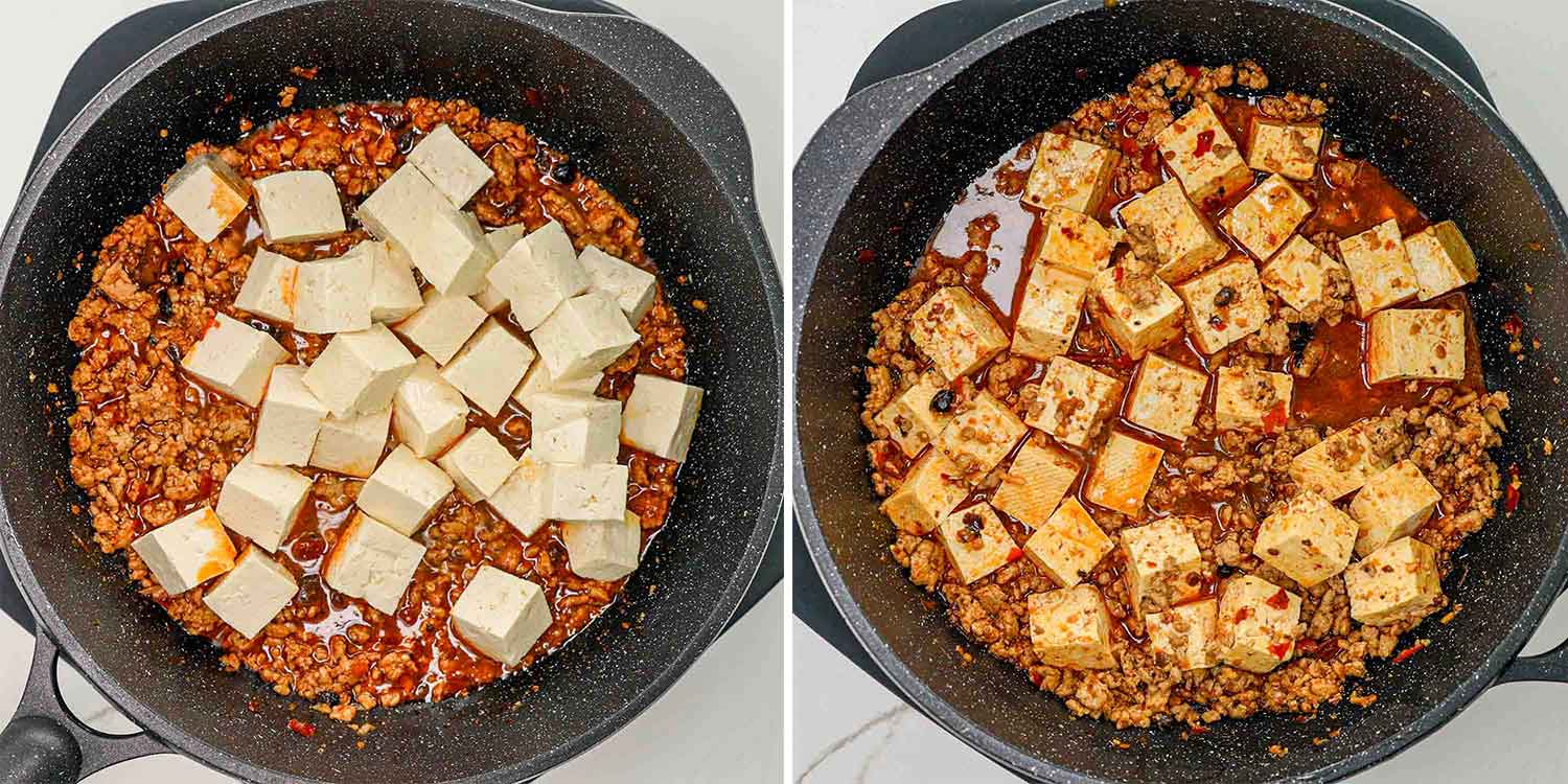process shots showing how to make mapo tofu.