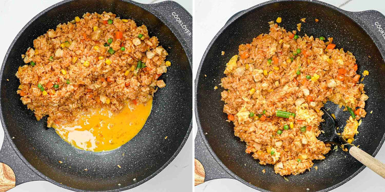 process shots showing how to make nasi goreng.