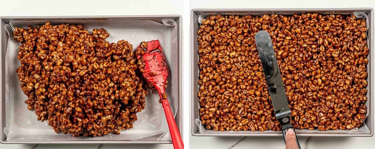 process shots showing how to make puffed wheat squares.