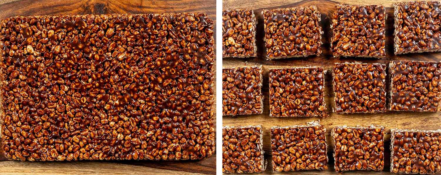 process shots showing how to make puffed wheat squares.