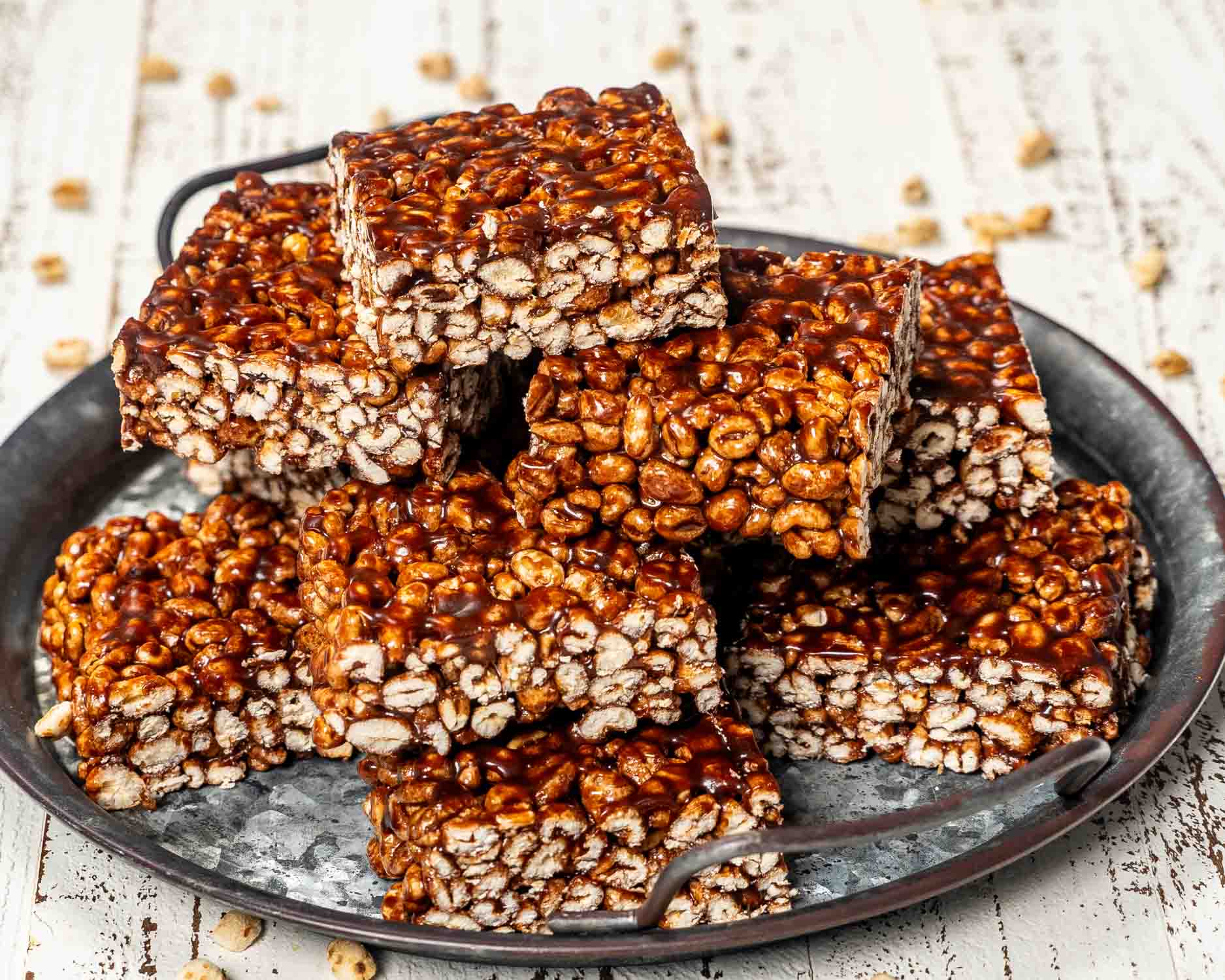 puffed wheat squares on a serving platter.
