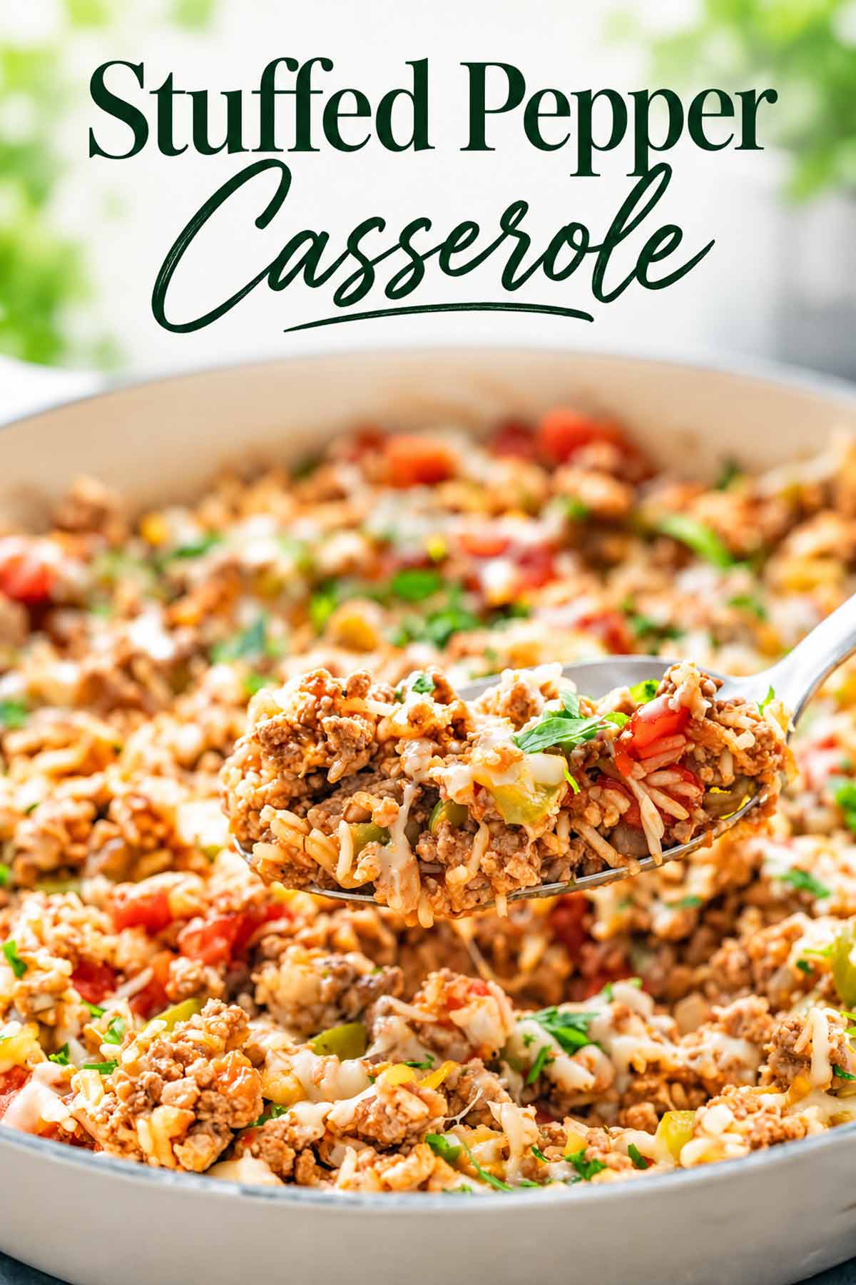 Loaded spoonful of stuffed pepper casserole with ground beef, rice, peppers and melted cheese beneath an elegant recipe title.