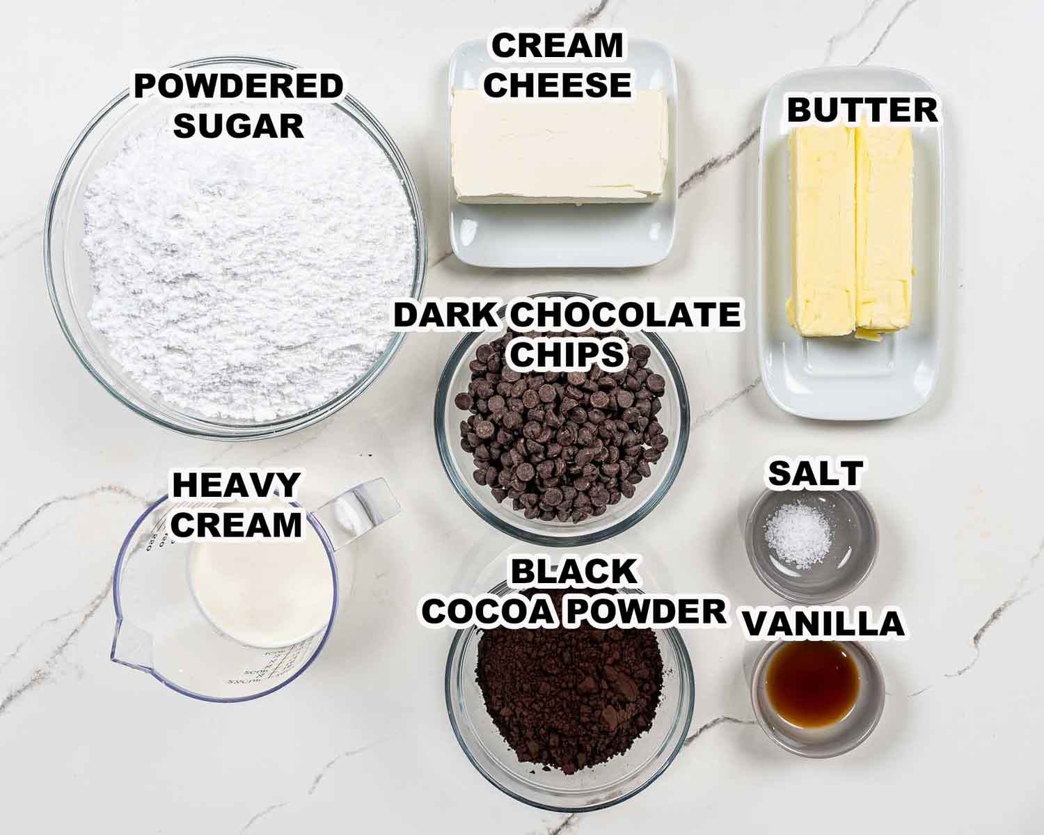 ingredients needed to make black velvet cake frosting.