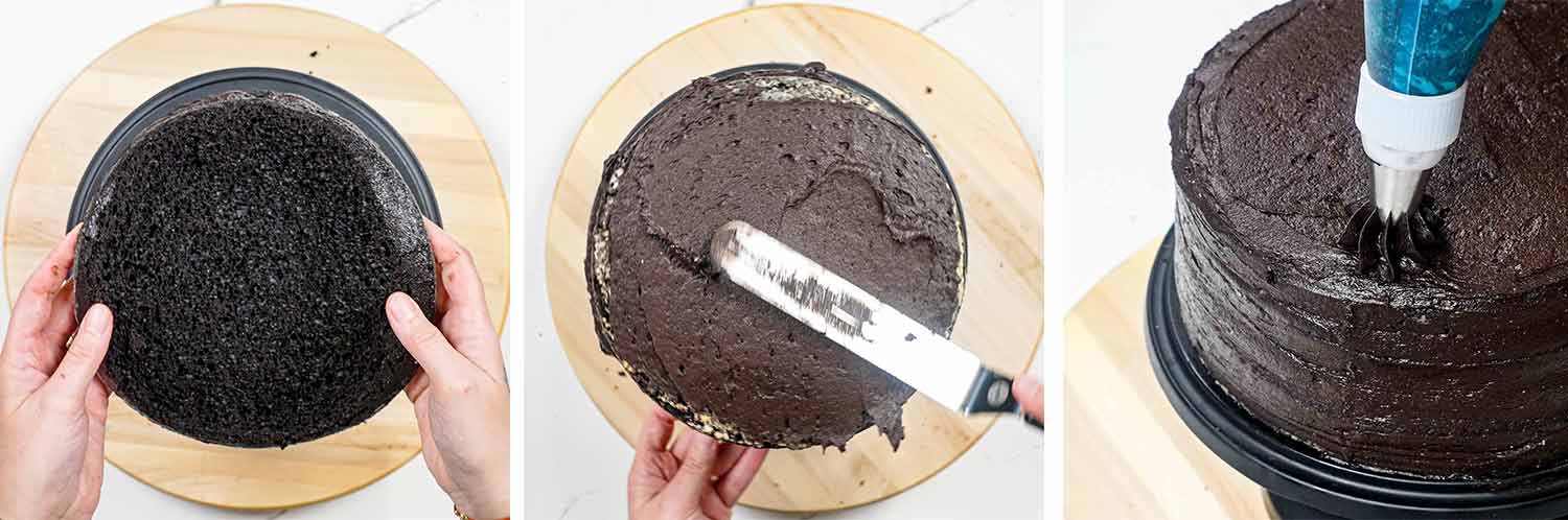 process shots showing how to make black velvet cake.