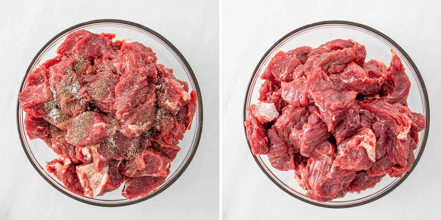 process shots showing how to make crockpot steak and gravy.