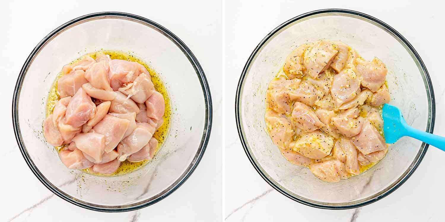process shots showing how to make garlic parmesan chicken skewers.