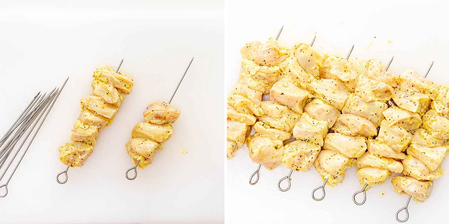 process shots showing how to make garlic parmesan chicken skewers.