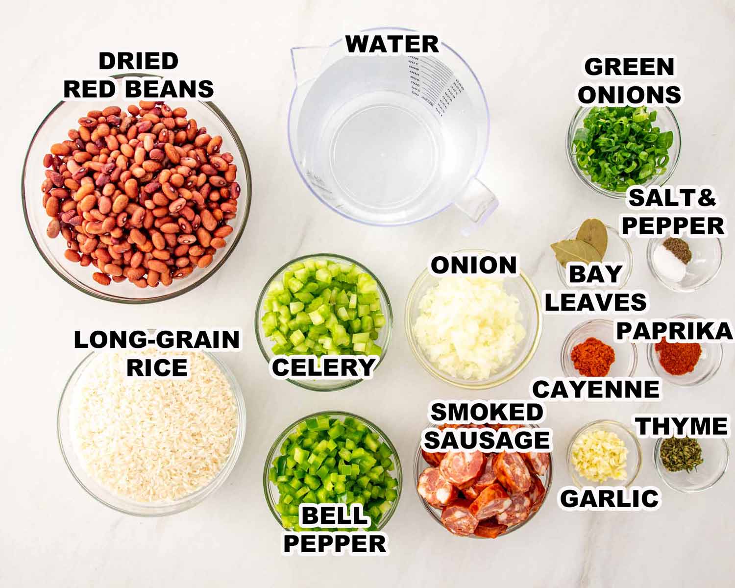 ingredients needed to make red beans and rice.