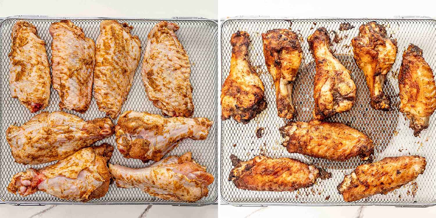 process shots showing how to make turkey wings in the air fryer.