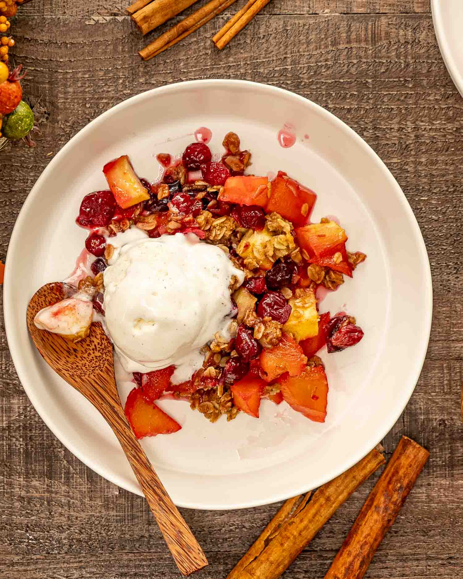 a serving of apple cranberry crisp with a dollop of vanilla ice cream in a white bowl.