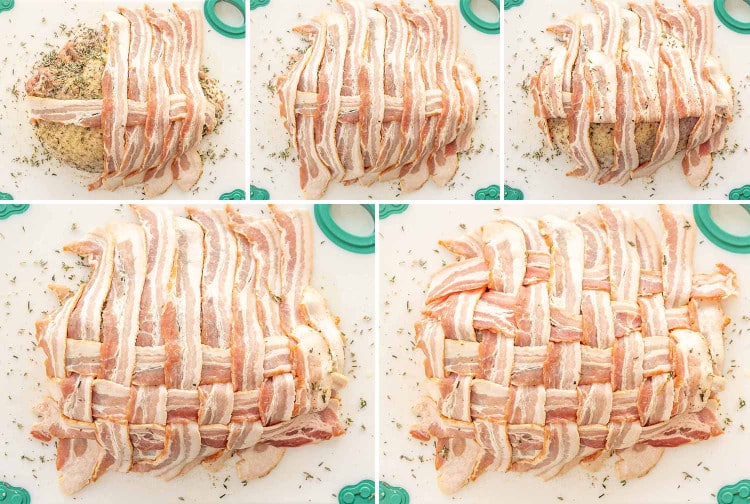 process shots showing how to make bacon wrapped turkey breast.